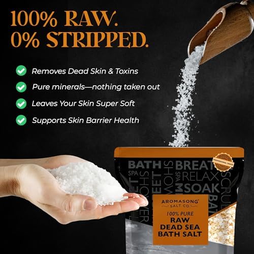 Aromasong Raw Dead Sea Bath Salt - Minimally Cleaned, Contains More Dead Sea Minerals Including Dead Sea Mud - 100% Pure & Natural Dead Sea Salts for Soaking 19 LB - Bulk Resealable Pack