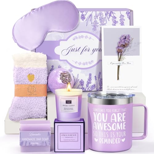 Birthday Gifts for Women Lavender Spa Gift Basket for Women Self Care Relaxing Bath Set Purple Gifts Inspirational Gift for Mom Wife Her Female Sister Teacher Nurse Friends Employee Coworker Spa Gifts