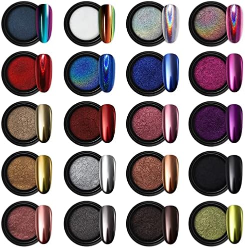 Artdone 20 Jars Chrome Nail Powder Set Metallic Mirror Effect Holographic Aurora Chameleon Pigment 1g/Jar for Nail Art Glitters Gel Polish Supply Mermaid Unicorn Kit