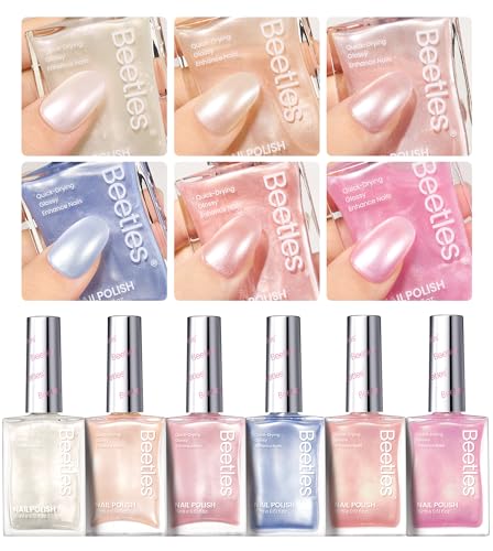 Beetles Pearl Nail Polish Set 6 Colors 15 ML Quick-drying Shimmer Glitter Pearl White Pink Blue Mermaid Nail Polish Kit, Spring Pastel Iridescent DIY Manicure Gift for Women