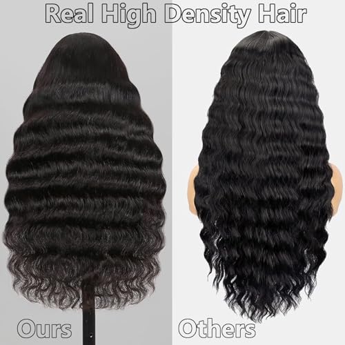 13X6 HD Lace Front Wig,30Inch Glueless Loose Deep Wave Wig Natural Black.Synthetic Lace Front Wigs Human Hair Touch,Vogue Highlight Technology-Premium Fiber & Human Hair Blended.
