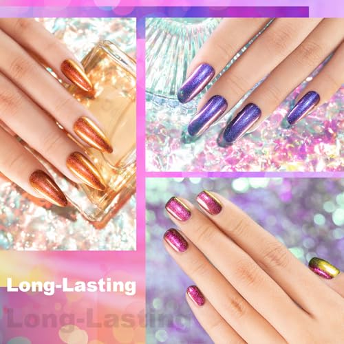 RARJSM Chameleon Gel Nail Polish Multichrome Gradient Color Changing Dark Blue Purple Orange Green 6pcs Set 7.5ml Shimmer Glitter Gel Polish Curing Requires Soak Off Sparkle Chrome Nail Gel Varnish