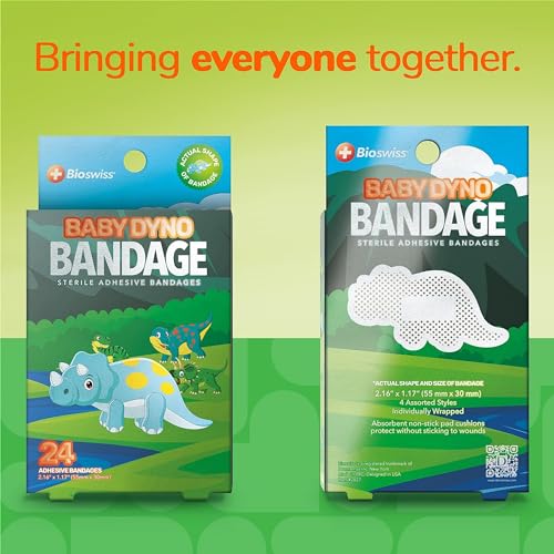 BioSwiss Bandages, Baby Dino Shaped Self Adhesive Bandage, Latex Free Sterile Wound Care, 24 Count