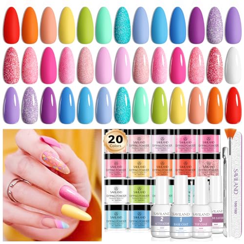 SAVILAND Dip Powder Nail Kit Starter - 20 Colors Summer Neon Dipping Powder System with Base/Top/Activator/Brush Saver, No U V Lamp Needed for Long-Lasting Salon & Home Manicure