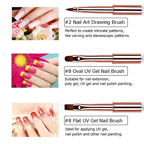 5pc Nail Art Brush Set - Rose Gold Rhinestone Handles with Gel Polish, Liner, Drawing Brushes for Salon & DIY Manicure