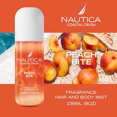 Nautica Peach Bite, a Refreshing Gourmand Hair & Body Mist for Women, Notes of Peach Iced Tea, Peony, and Blond Woods Accord, Long Lasting, 8.0 fl oz