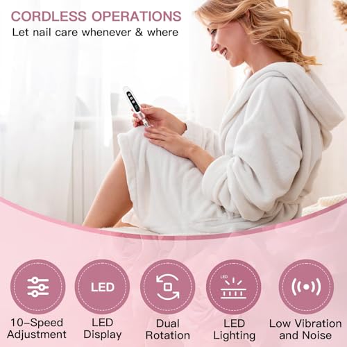Electric Nail File Set, 9 in 1 Professional Manicure and Pedicure Kit, Cordless Nail Drill for Feet, LCD Display 10 Speeds Electric Nail Drill Machine, Hand Foot Care Tool