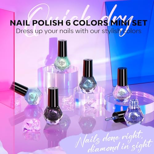 modelones Chameleon Nail Polish Set 6 Colors, Green Glitter Pink Blue Purple Holographic Quick Dry Mini Nail Lacquer Kit Gray Aurora Shimmer DIY Nail Art Manicure Gift For Women Girls