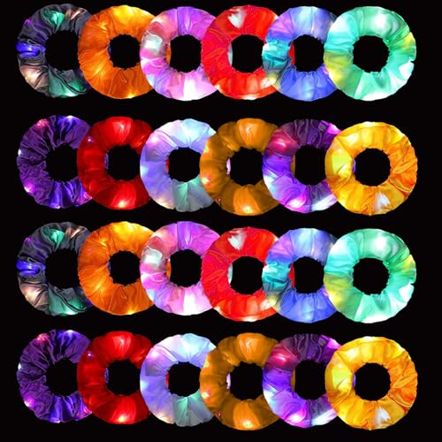 24 Pcs Light Up Scrunchies, LED Scrunchies Hair Bands, Elastic Glow in the Dark Srunchies Rave Accessories for Women Birthday Halloween Christmas New Year