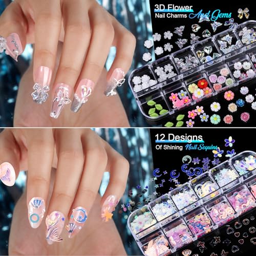 Teenitor Nail Charms Nail Stickers for Nail Art Kit, 8 Boxes Nail Rhinestones Nail Gems Pearls for Nails with 20 Sheets Nail Art Stickers, 3D Gold Nail Charms and Gems Nail Supplies Nail Art Tools