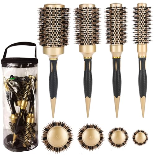 Aozzy Hair Brush, Round Brush Set for Blow Drying - Professional Boar Bristle Hair Styling Brush, Nanothermic-Ion Technology, Vented Ceramic Barrel, for Women - 4 Size Options, Golden