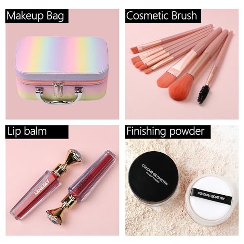 All in One Makeup Kit for Teen Girls - 2X16 Colors Eyeshadow, Liquid Foundation, Eyeliner Pencils, Contouring Stick, Lip Gloss, Eyebrow Pencils & 8pcs Makeup Brushes (Rainbow)