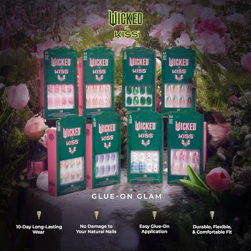 WICKED X KISS Press On Nails Almond, ‘Glamorous Gal’, Pink, Medium, Waterproof, Chip Proof, Smudge Proof, 28 Fake Nails, Pink Gel Nail Glue (2g), Mini Nail File, & Manicure Stick