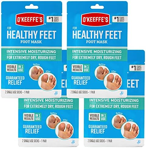 O'Keeffe's for Healthy Feet Intensive Moisturizing Foot Mask; Guaranteed Relief for Extremely Dry; Rough Feet; One Pair Single-Use Hydrating Foot Mask Socks; (Pack of 4)