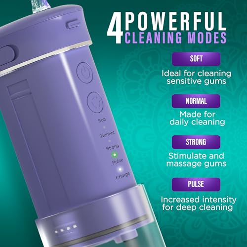 GuruNanda Compact Water Dental Flosser, Portable Travel Size Oral Irrigator Flosser with Collapsible 180 ml Tank, Smart Timer, 4 Flossing Modes, TSA-Approved - Lavender