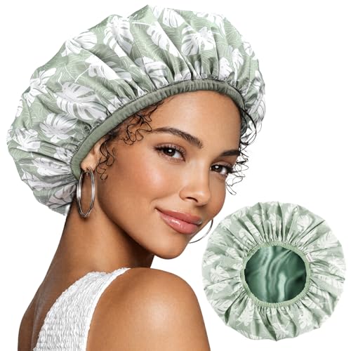 Yanibest Shower Cap for Women - Hair Satin Bonnet Shower Cap for Women Waterproof Extra Large Double Layer Reusable Adjustable for Braids Long Hair