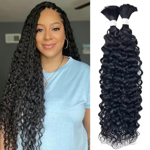 22 Inch Curly Human Hair Braiding Hair Wet and Wavy Water Wave Bulk Human Hair for Braiding No Weft Unprocessed Virgin Human Braiding Hair for Boho Braids Natural Color 2 Bundles/Pack (Total 100G)