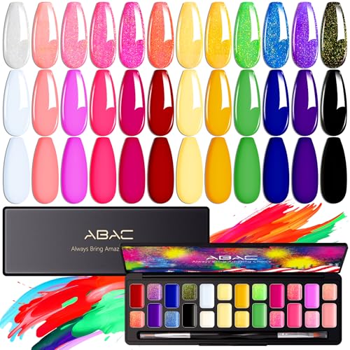 ABAC 24 Color Hema-Free Solid Gel Nail Polish,Ombre Gel Nail Polish,Pat Paint Nail Gel- Neon Pink,Yellow & Midnight Shimmer All-Year Clump-Free for Weddings,Date Nights,Office,w/Dual Brush