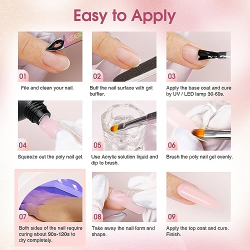 ROSALIND Poly Nail Gel Kit -20 Colors + 72Nail Art Accessories Kit, Nude Clear Poly Nail Gel Nail Kit Starter Kit with Big U V Lamp Slip Solution for Pink Nail Extensions Gel Dual Forms Nail Brush