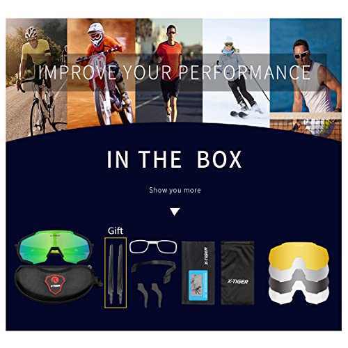 X-TIGER Polarized Sports Sunglasses with 5 Interchangeable Lenses,Mens Womens Cycling Bike Glasses,Baseball Running Fishing Golf Driving Sunglasses
