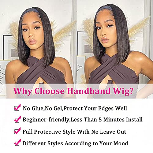 AISI Headband Wigs Human Hair Bob Headband Wigs for Black Women Easy Put On and Go Glueless Wig Short Straight Wigs Machine Made 150% Density No Lace Wig Natural Color(10 Inch)