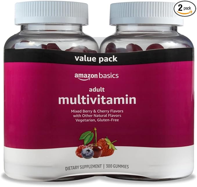 Amazon Basics Adult Multivitamin Gummies, Mixed Berry & Cherry, 150 Gummies, 75-Day Supply, Pack of 2 (Previously Solimo)