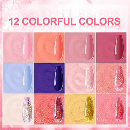 Morovan Acrylic Powder Set - 12 Colors Pure Color and Glitter Professional Polymer Nail Powder for Acrylic Nail Extension Carving