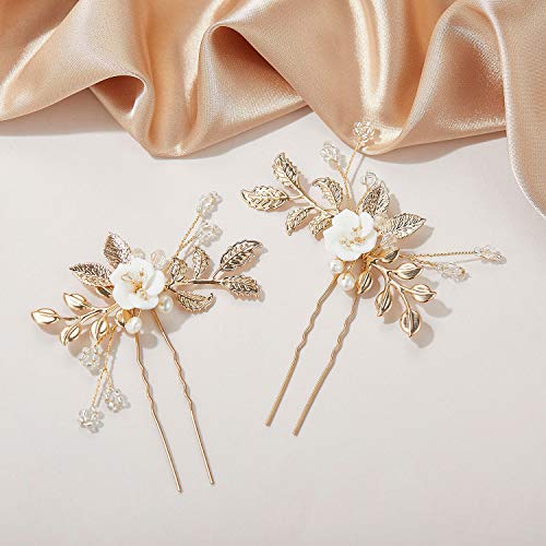 SWEETV 2Pcs Bridal Hair Accessories,Gold Wedding Hair Pins Pieces With White Flowers for Brides