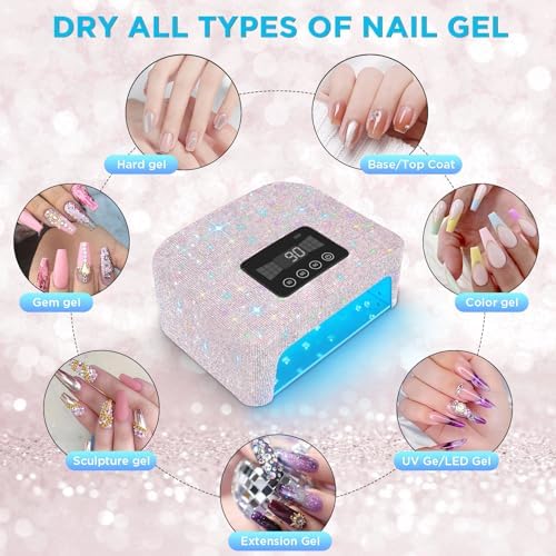 Cordless UV Nail Lamp, Rechargeable UV Light for Gel Nails, LED Nail Lamp with 4 Timer Modes, Gel Nail UV Light Decorate with Sparkling Nail Rhinestones (Sparkly White)