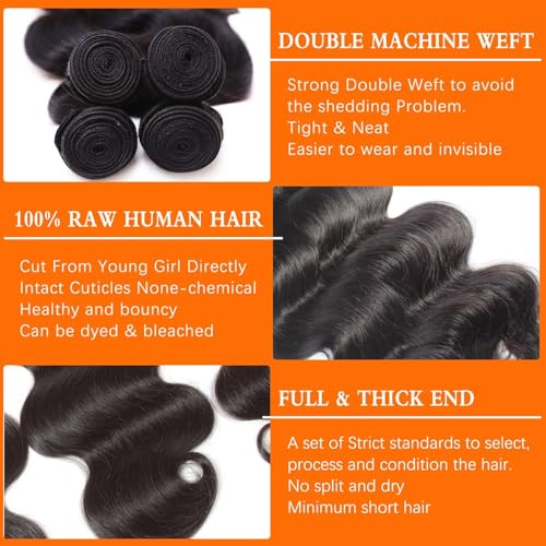 12A Human Hair Bundles 26 28 30 Inch Body Wave Bundles Human Hair 100% Unprocessed Brazilian Virgin Hair 3 Bundle Weave Human Hair Extensions Real Human Hair for Women Natural Black