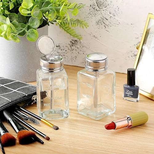 2 Pcs 6 Oz/ 180 ml Clear Pump Dispenser Bottle with Metal Flip Cover Glass Nail Polish Remover Push Down Dispenser Bottle Refillable Push Down Pump Dispenser Press Container for Makeup Remover