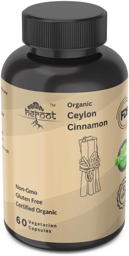 Organic Ceylon Cinnamon Capsules| Pack of 60| Free from additives, preservatives, and Artificial Flavoring|100% Pure| Unflavored, Herbal Natural Supplement| Vegan, Non-GMO and Chemical Free