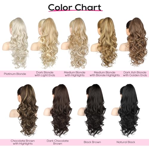 REECHO Ponytail Extension, 24" Claw Clip in Ponytail Extensions Long Curly Wavy Ponytail Hair Extension Jaw Clip on Pony Tails Hairpiece for Women - Medium Blonde with Blonde Highlights