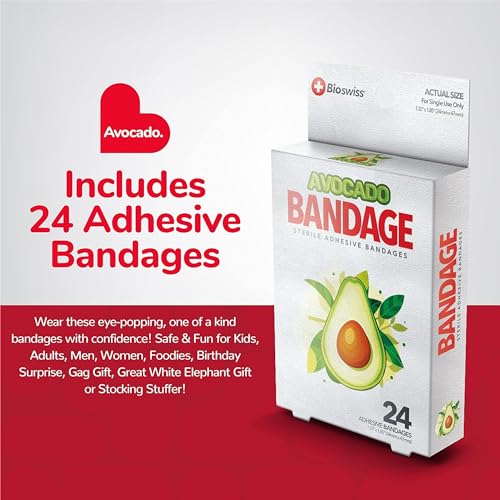 BioSwiss Bandages, Avocado Shaped Self Adhesive Bandages, Latex Free Sterile Wound Care, Fun First Aid Kit Supplies for Kids, 24 Count