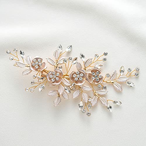 SWEETV Light Rose Gold Wedding Clip Rhinestone Bridal Comb Barrette - Handmade Flower Clip Head Pieces for Women