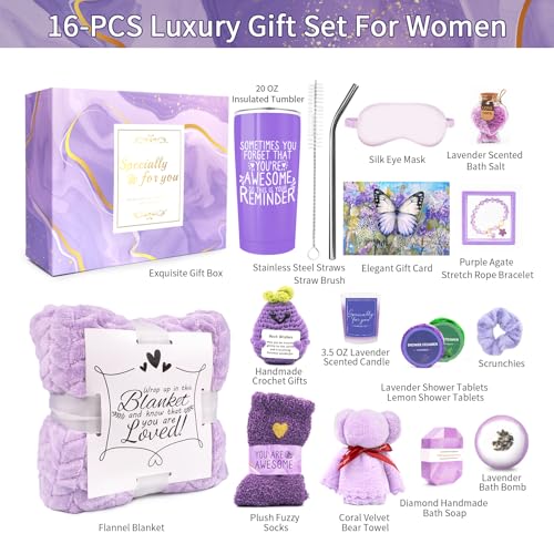 Gifts for Women Spa Basket, Lavender Spa Gift Basket,16 Pcs Self Care Package for Women, Mom, Wife, Girlfriend, Sister, Unique Get Well Sets for Birthday, Mother's Day, Christmas, Valentine's Day