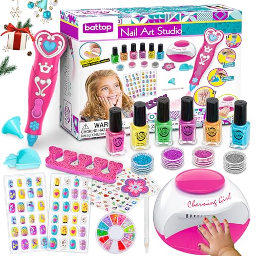 BATTOP Kids Nail Polish Set for Girls, Nail Art Kits with Nail Dryer & Glitter Pen, Quick Dry & Peel Off & Non-Toxic Nail Polish, Christmas Birthday Gifts for Girls Ages 6 7 8 9 10 11 12