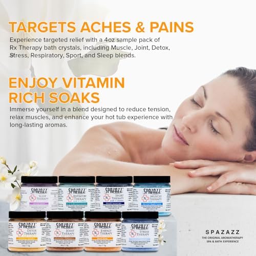 Spazazz RX Therapy Hot Tub Spa and Bath Aromatherapy Salt Crystals 4oz 8 Pack Sample Bundle Includes Muscle - Joint - Detox - Stress - Respiratory - Sport -Sleep - Energy. Great for Muscles & Joints