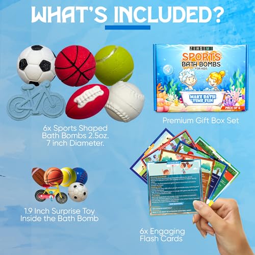 Bath Bombs with Toys Inside W/Educational Flash Cards - Bath Bombs for Kids - 2.5 oz Gift Set of 6 Scented Organic Handmade with Natural Essential Oils - Sports Surprise Inside by Zenseme