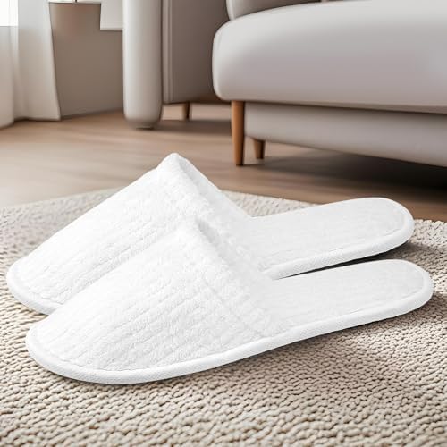20 Pairs Bulk Disposable Slippers, White Soft Coral Fleece Spa Slippers for Guests, Comfortable Non-slip Closed Toe Slippers for Adults Hotel Travel Party House Bathroom