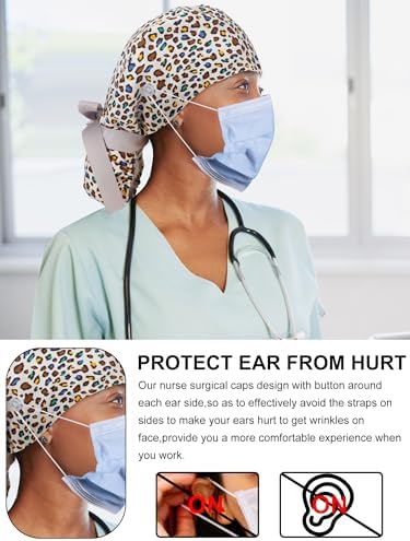 6 Pcs Satin Lined Scrub Caps Women Nurse Surgical Hat with Buttons Ponytail Working Adjustable Pouch Tie Back