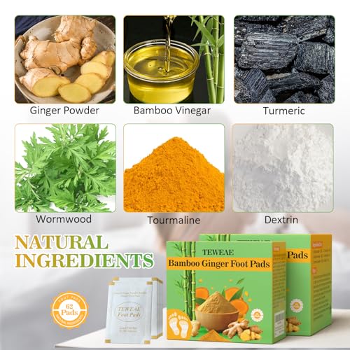 62 Pads Foot Pads -with Pure Natural Turmeric & Ginger, Wormwood, Bamboo Vinegar, Bigger Adhesive Pad Ginger Foot Pads