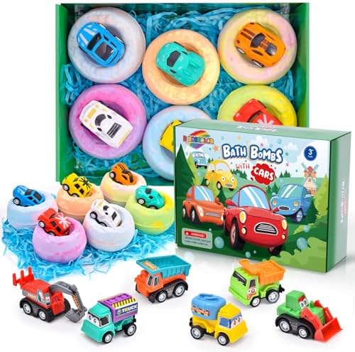 6 Pack Natural Bath Bombs for Kids Pull-Back Cars Organic Rich Foam Color Bubble Set Boys Girls Surprise Toys Christmas Gift for Toddlers