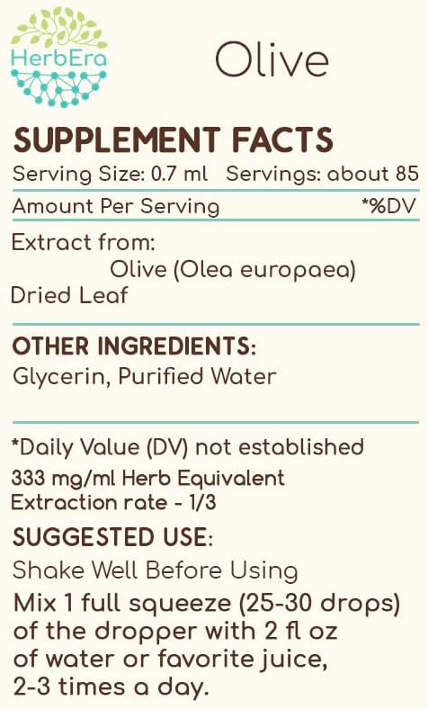 Olive B60 Alcohol-Free Herbal Extract Tincture, Concentrated Liquid Drops Natural Olive (Olea europaea) Dried Leaf 2 fl oz