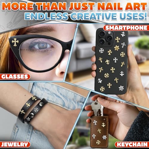 240 Pcs Silver and Gold Cross Nail Charms Bulk – 3D Silver and Gold Nail Charms Cross for DIY & Professional Manicures – Large-Pack for Creative Manicures with Shiny Crosses Accents