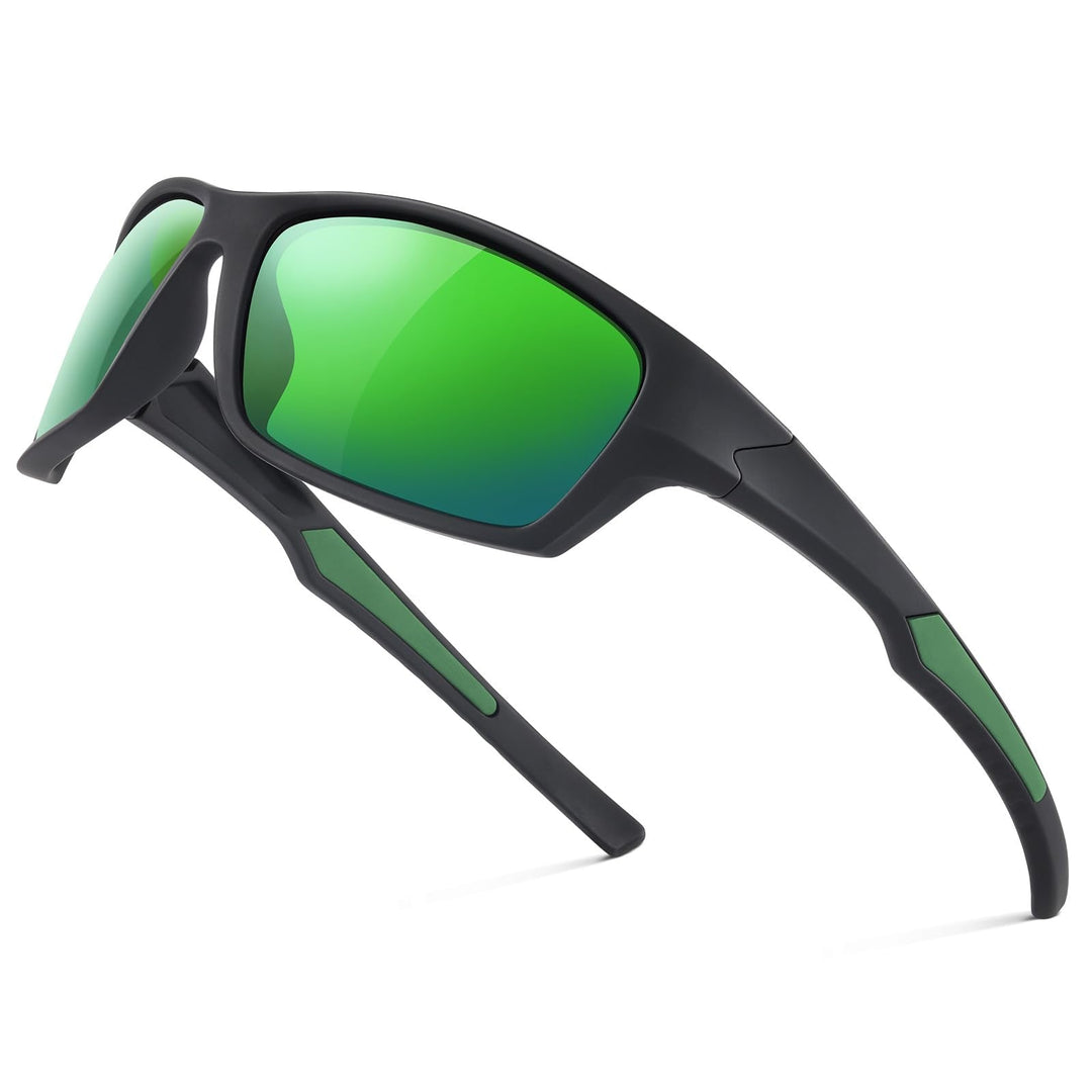 Fanshen Sports Polarized Sunglasses Men - Wrap Around Mens Sunglasses for Mens Womens Cycling Running UV Protection (Matte Black/Green)