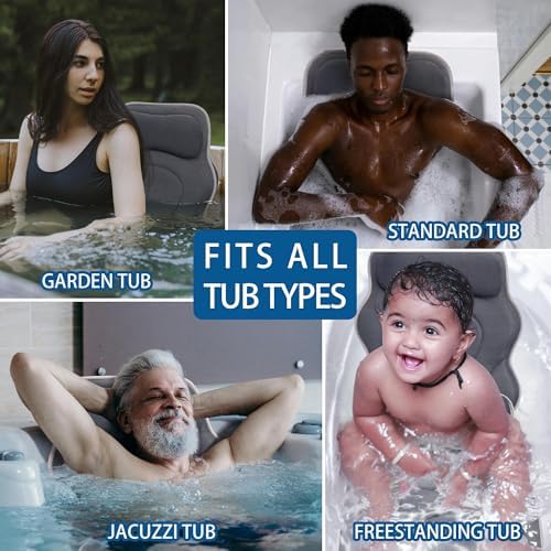 Full Body Bath Pillow for Tub - Extra Long & Thick Tub Pillow with Head, Back & Lumbar Support, 168 Non-Slip Suction Cups, Soft 5D Mesh Spa Cushion, Fits All Tubs-Gift for Soaking(Gray)