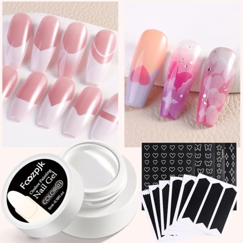 Ombre Gel Nail Polish Kit, 6PCS Colorful Painting Nail Gel Black White Pink Paint Gel for Nails Gradient Design Soak Off UV Pastel Nail Polish Set with Ombre Sponge Nail Brush French Tip Guide