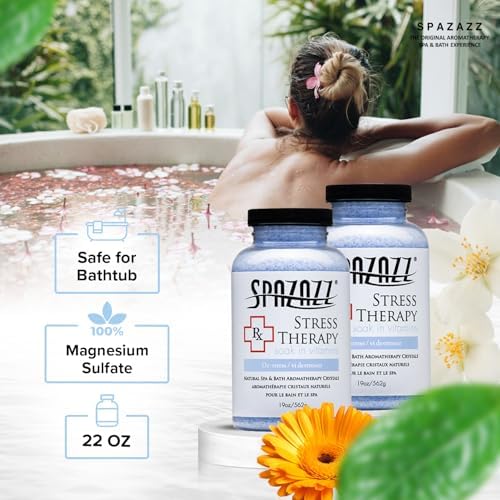 Spazazz Rx Stress Therapy Natural Spa & Bath Salt Aromatherapy Crystals- 2 Pack 19oz De-Stress - Calming & Relaxing Natural Aroma & Magnesium Mineral Bathing Salts - Safe for Your Hot Tub