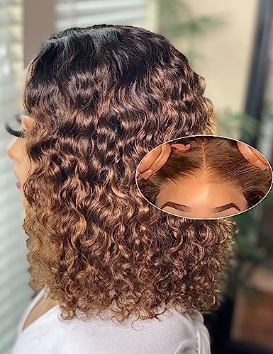 14 Inch Highlight Blonde Wear and Go Glueless Curly Bob Wig Human Hair Pre Plucked, Glueless Pre cut HD Lace Front Wigs Human Hair,Water Wave No Glue wigs, Natural Hairline for Women 200% Density